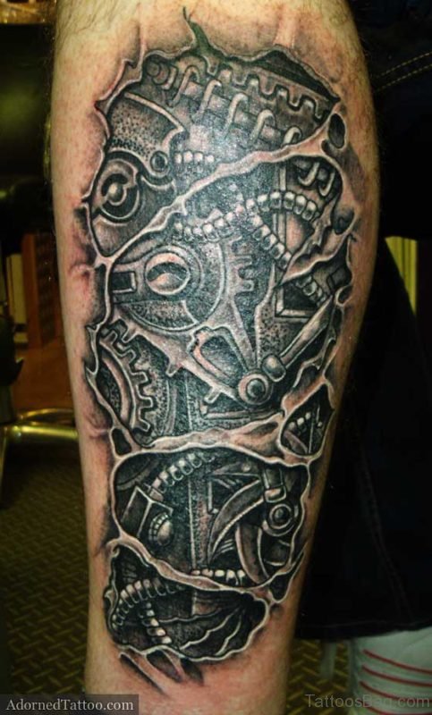 Grey Bio Mechanical Tattoo On Leg 