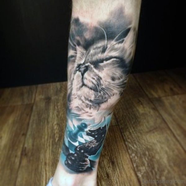 Grey Cat Tattoo Design On Leg