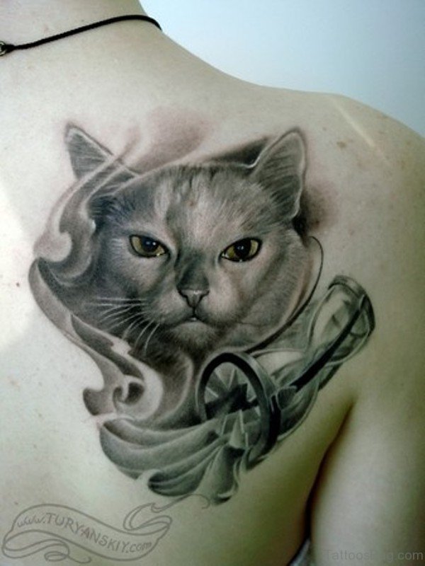 Grey Cat Tattoo On Right Shoulder