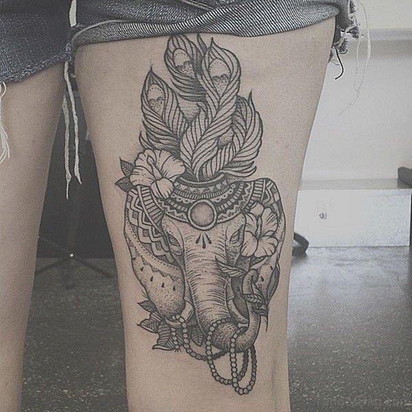 Grey Elephant Tattoo On Thigh
