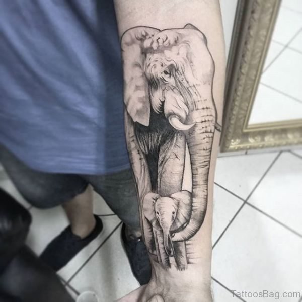 Grey Elephant With Baby Tattoo On Forearm