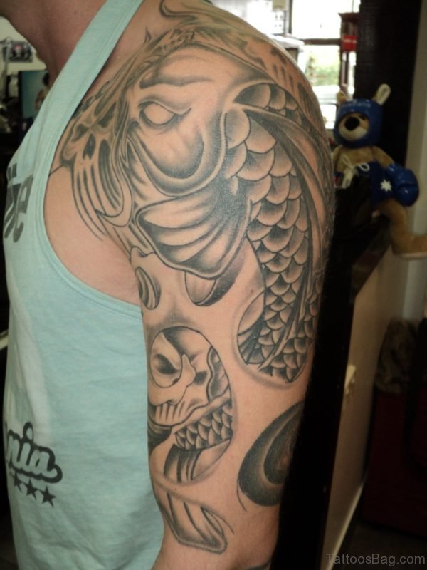 Grey Fish Tattoo On Half Sleeve 
