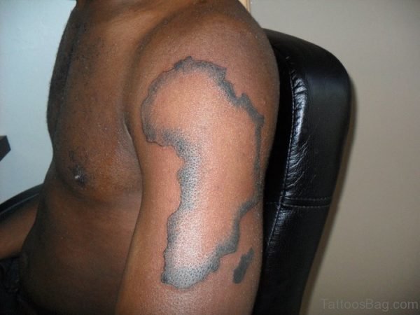 Grey Ink African Map Tattoo On Shoulder
