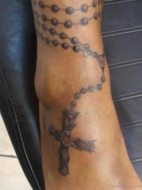 Grey Ink Ankle Rosary Beads Tattoo