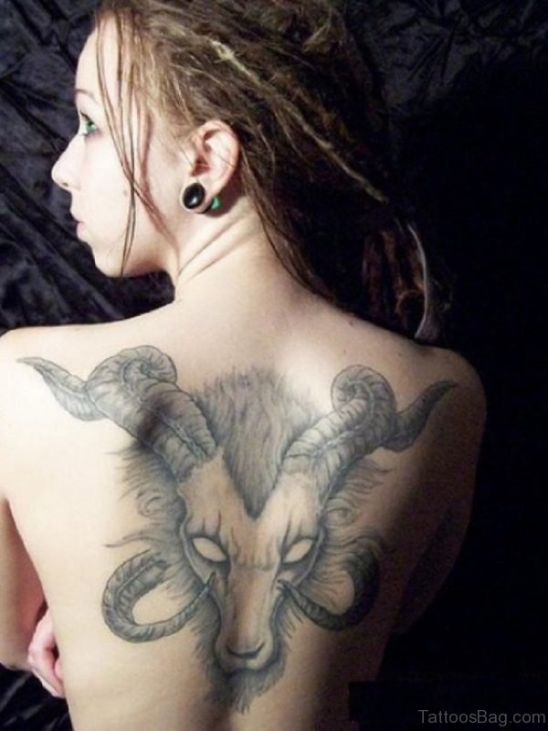 Grey Ink Aries Back Body Tattoo