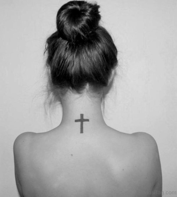 Grey Ink Cross Back Nape Tattoo For Girl