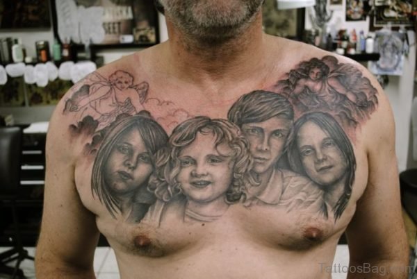 Grey Ink Family Portrait Tattoos On Chest 