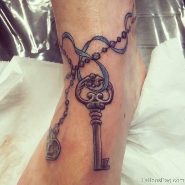 Grey Ink Heart And Key Tattoos On Ankle