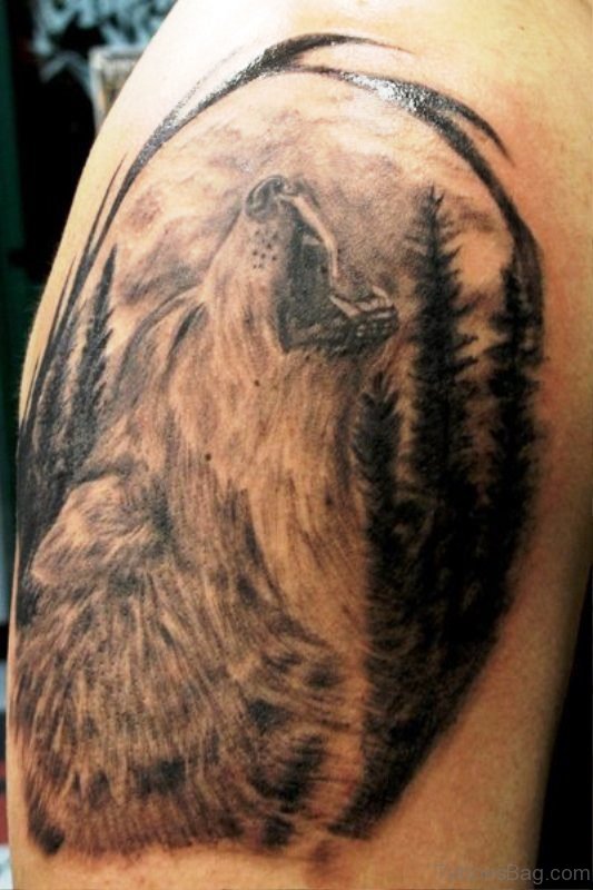 Grey Ink Howling Alpha Wolf Tattoo Design