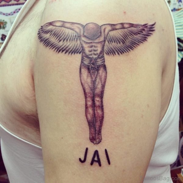 Grey Ink Male Angel Tattoo On Shoulder 