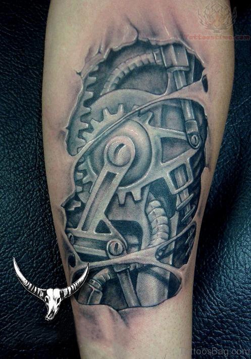 Grey Ink Mechanical Tattoo On Arm 