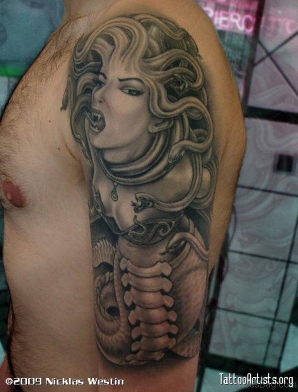 Grey Ink Medusa Tattoo On Half Sleeve 