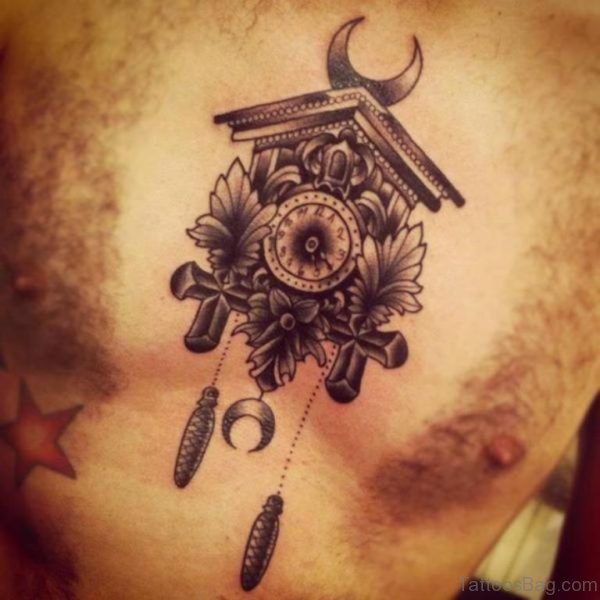 Grey Ink Moon And Cuckoo Clock Tattoos On Chest
