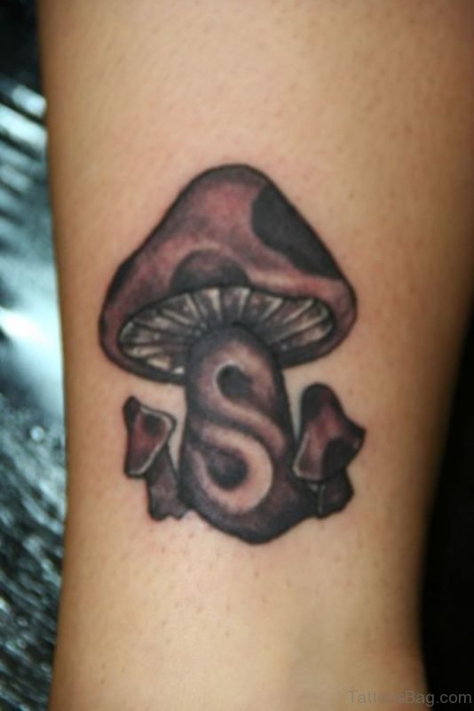 Grey Ink Mushroom Tattoo On Arm 