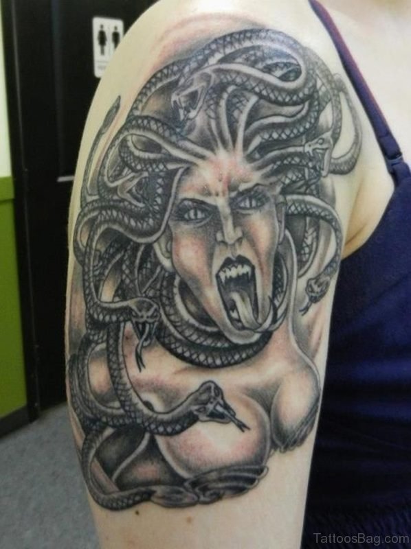 Grey Ink Screaming Medusa Tattoo On Shoulder Medusa Tattoo On Shoulder ST1121