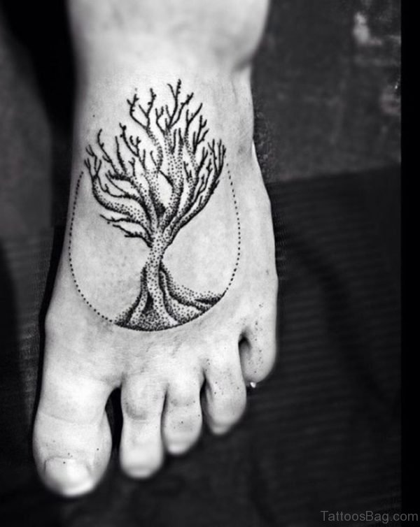 Grey Ink Tree Tattoo On Foot