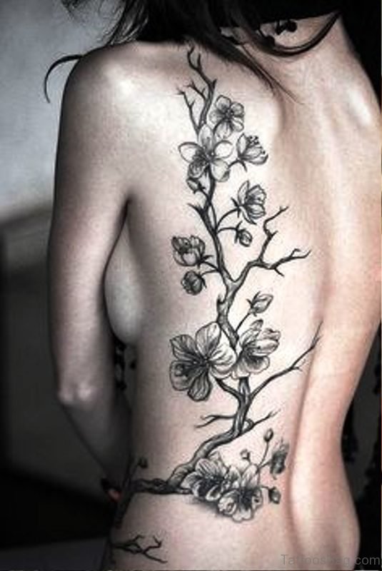 Grey Ink Vine Tattoo On Back