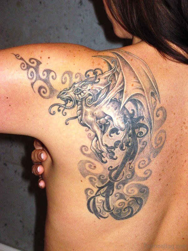 Grey Inked Dragon Tattoo On Back Shoulder