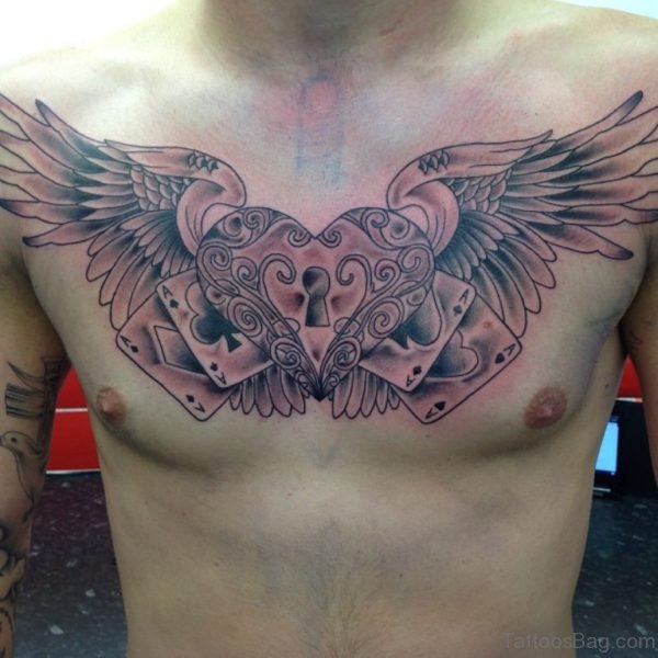 Grey Lock Heart And Wings Tattoo On Chest 