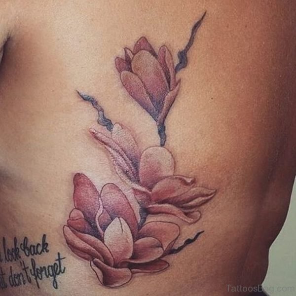 Grey Magnolia Tattoo On Rib 