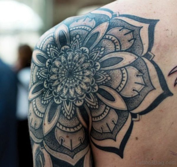 Grey Mandala Tattoo On Shoulder 