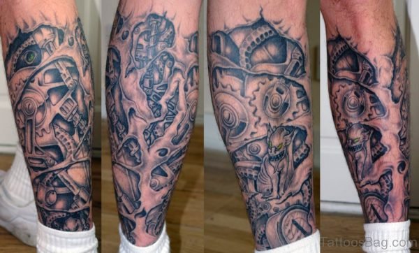 Grey Mechanical Tattoo On Leg 
