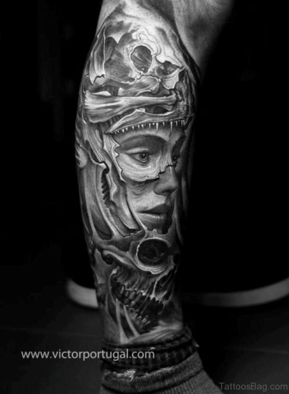 Grey Mechanical tattoo Design On Leg 