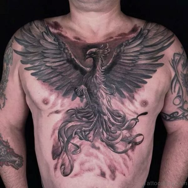 Grey Phoenix Tattoo On Chest 