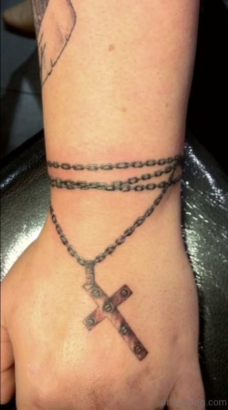 Grey Rosary Chainband Tattoo On Hand
