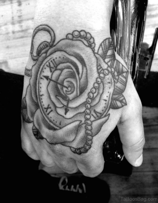 Grey Rose Clock Tattoo