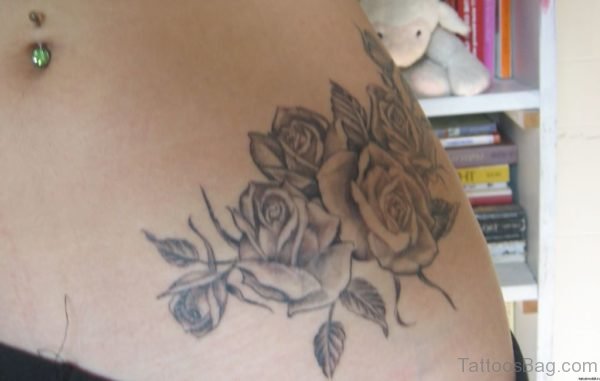 Grey Rose Flowers Waist Tattoo For Girls