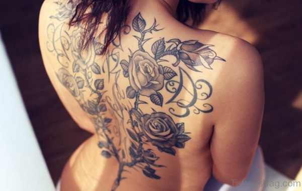 Grey Rose Tattoo On Upper Back