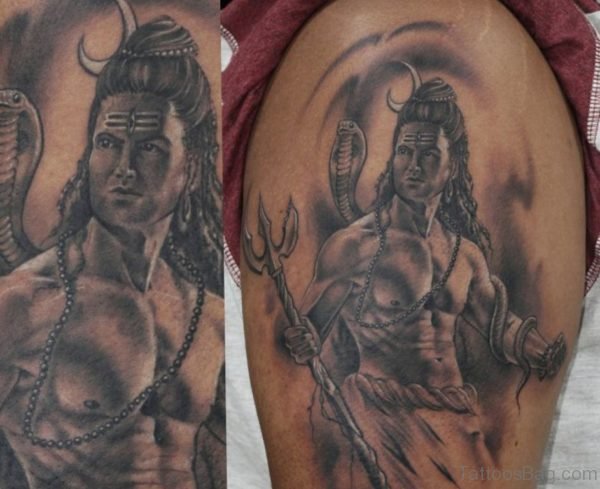 Grey Shiva Tattoo On SHoulder