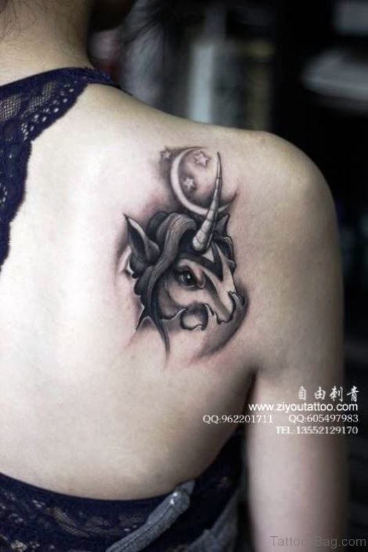 Grey Unicorn Tattoo On Back Shoulder