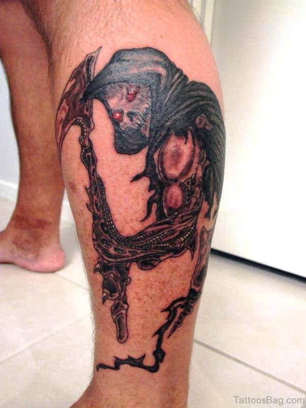 Grim Reaper Tattoo On Calf