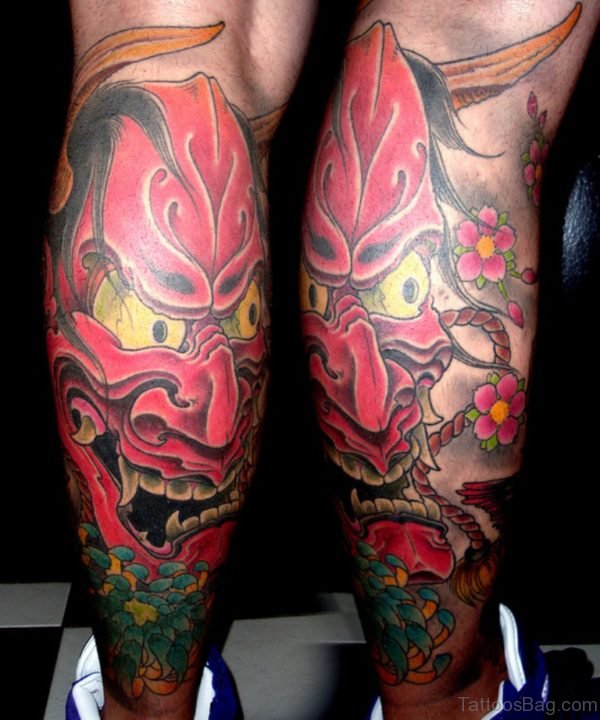 Hannya Mask Leg Sleeve Tattoo Design