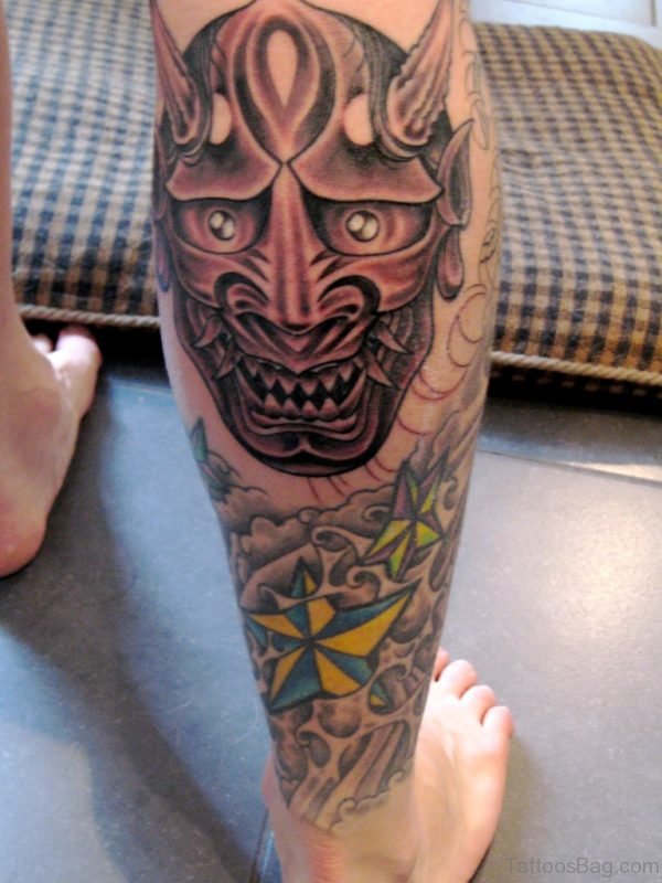Hannya Mask Tattoo On Leg