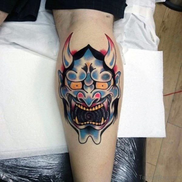Hannya Mask Tattoo On Leg Calf