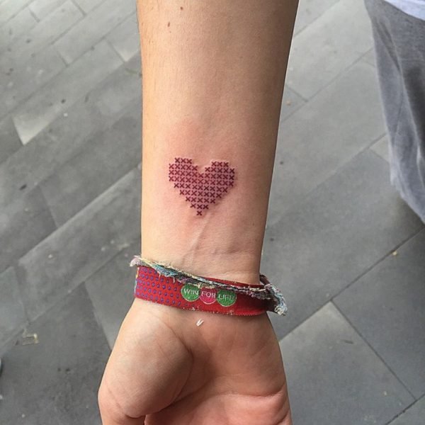 Heart Cross Stitch Tattoo On Wrist 