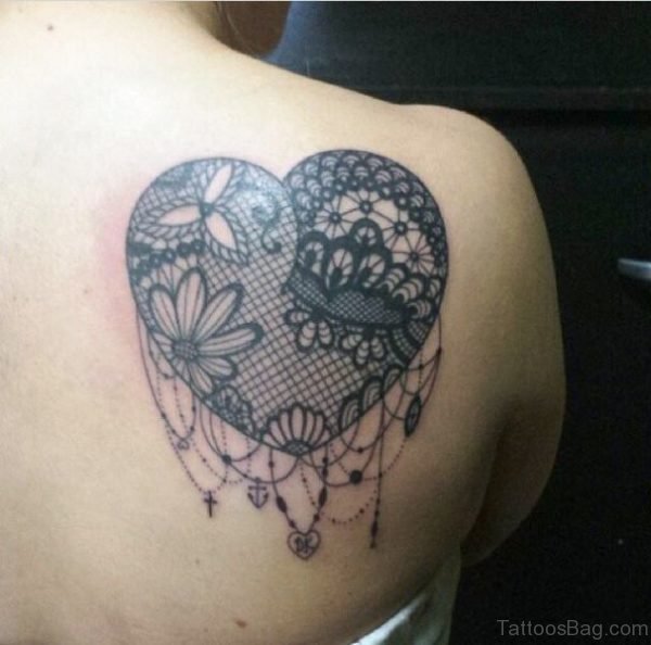 Heart Lace Tattoo On Back Shoulder