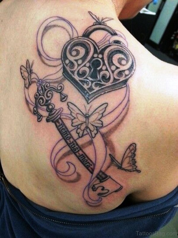 Heart Lock And Key Tattoo On Shoulder