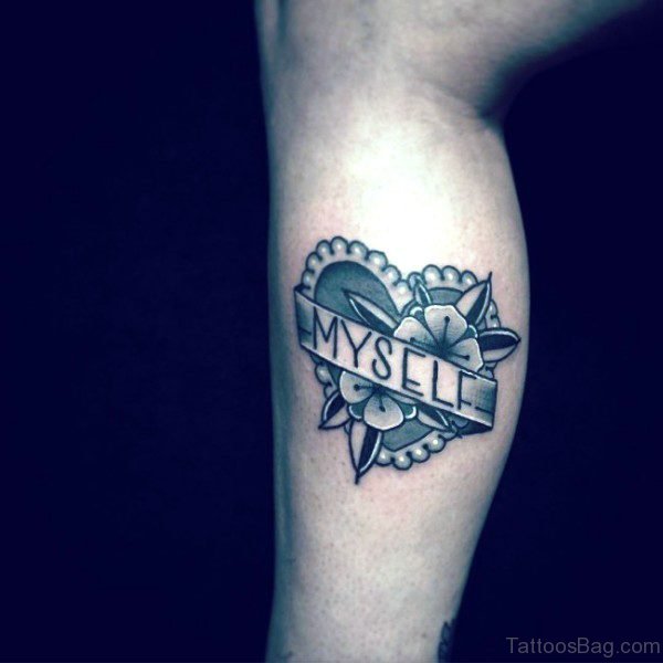 Heart With Myself Tattoo On Calf