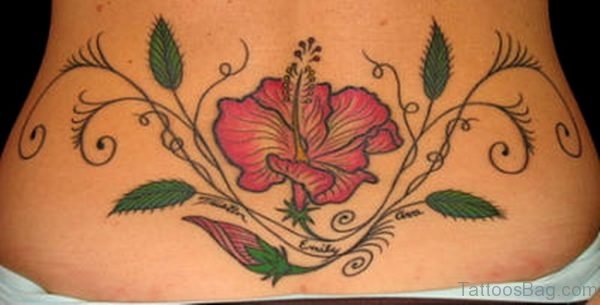 Hibiscus Flower n Leaves Tattoo On Lower Back