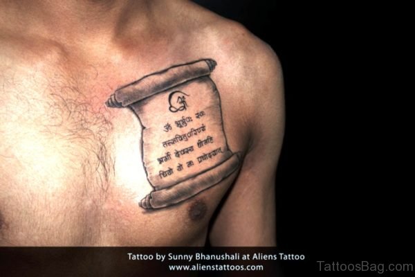 Hindi Wording Scroll Tattoo On Chest