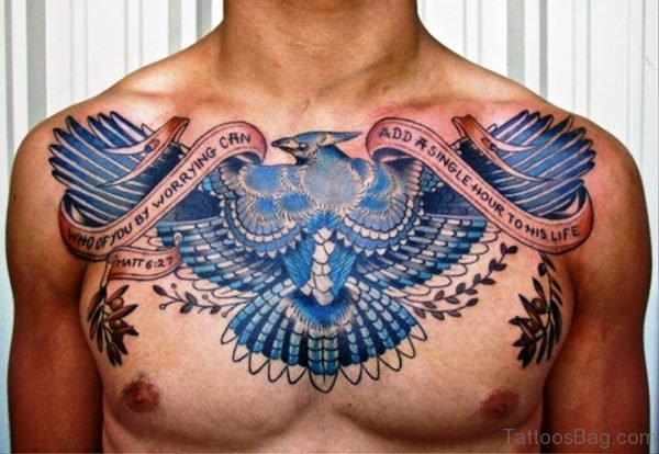 Huge Blue Bird Tattoo On Chest