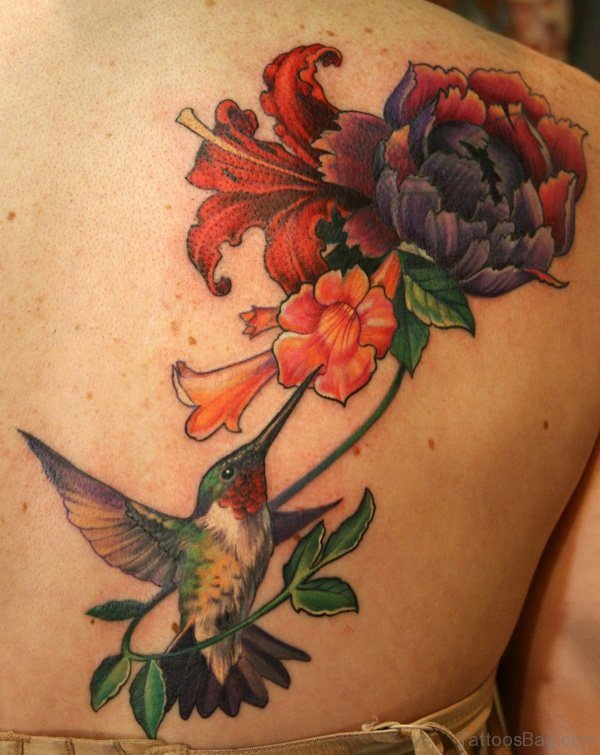 Hummingbird Tattoo And Flower Tattoo On Back