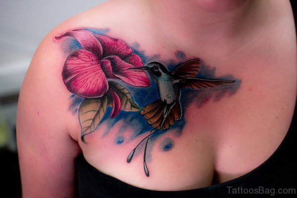 Hummingbird Tattoo And Lily Tattoo On Chest