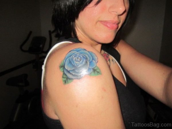 Impressive Blue Rose Shoulder Tattoo