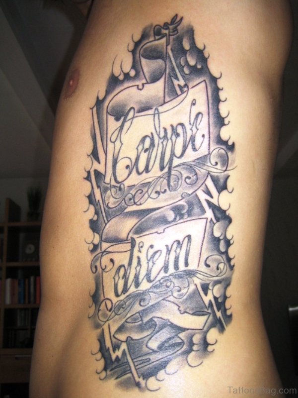 Impressive Carpe Diem Tattoo On Rib