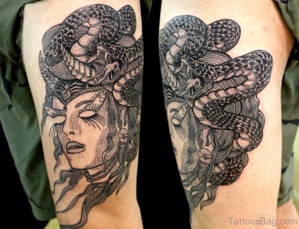 Impressive Medusa Tattoo On Leg 
